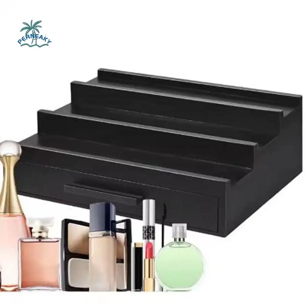 

Elegant Stepped Type 3 Tier Cologne Display Stand Space Saving with Drawers Display Rack Large Capacity Wooden Storage Box Men
