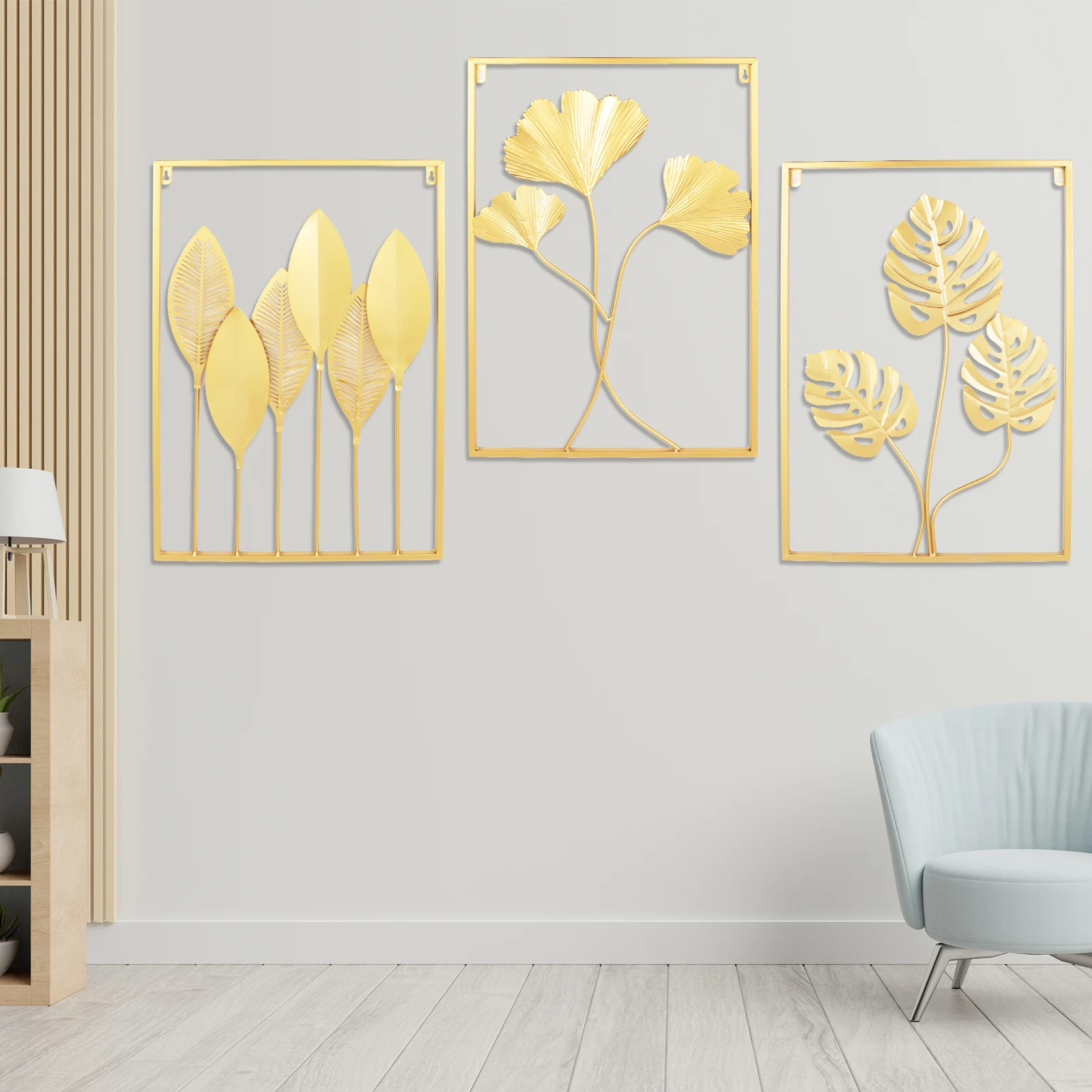 

3 PCS 24" Metal Wall Art Hanging Sculpture Gold Leaf Home Garden Living Room Bedroom Home Decoration
