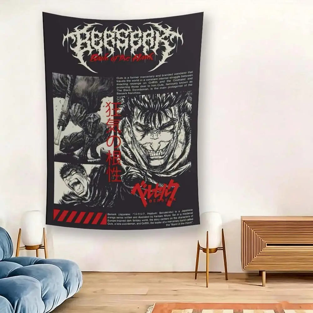 Berserk Anime Tapestry, Guts Black Swordsman Retro Manga Print, Durable Polyester Wall Decor for Bedroom Gaming Room Dorm