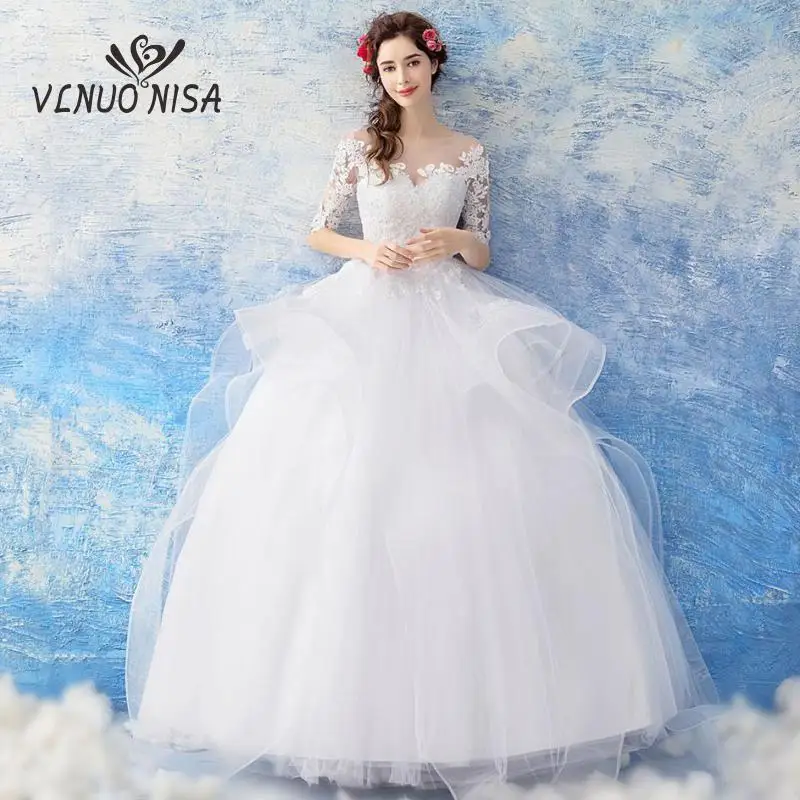 

Fashion Elegant White Ivory Blue wedding dresses Lace Half Sleeve Sweet and ruffles in a few rows Bridal Gown Vestido De Novia