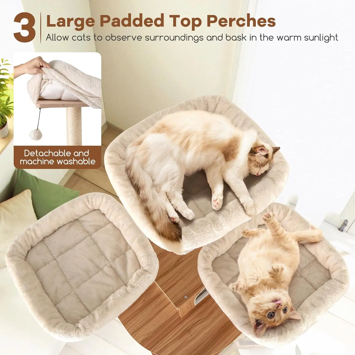 Tall Cat Tree, 68 Inch Modern Wood Cat Tower with Sisal Scratching Posts, 3 Padded Perches, Condo, 2-in-1 Ladder, Customized - view 3