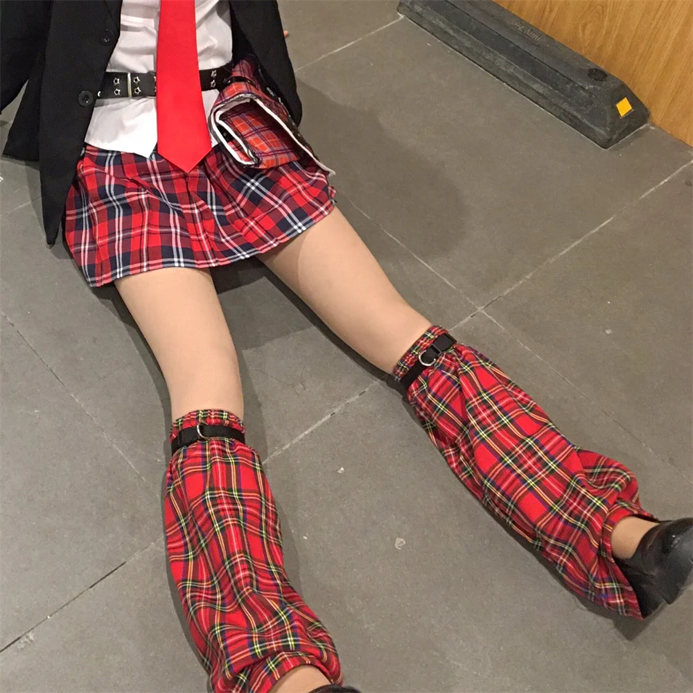 Women Red Plaid Print Sweet Leg Warmers Y2K Style Lady Streetwear Fashion Costume Foot Sleeve Harajuku PU Strap Summer Socks