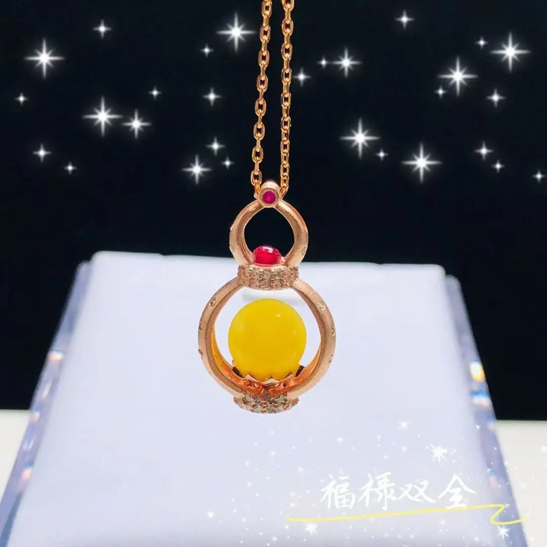 

Подвеска из чистого серебра с инкрустацией из натурального меда и куриного масла, желтого янтаря, 11 мм, круглая бусина в форме тыквы, дизайн