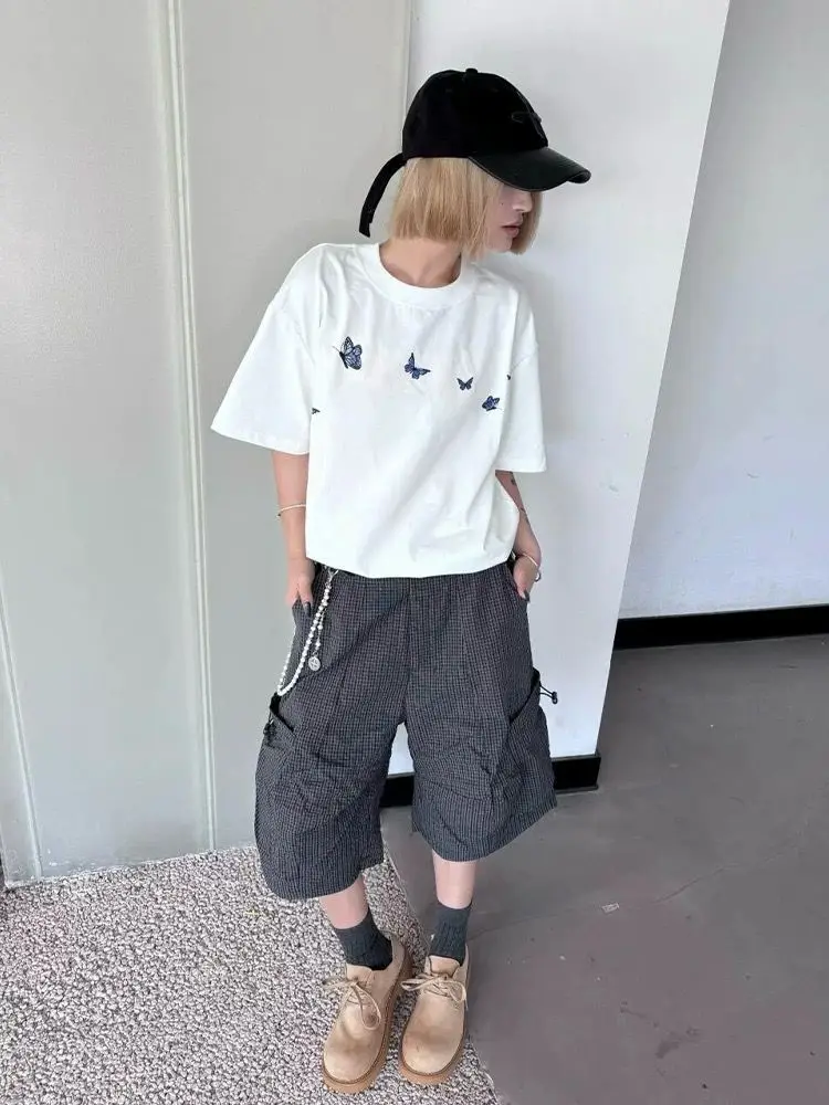 Men's Retro Checkered Curved Wide Leg Shorts Summer Boys Thin Pants Casual Bottom Male High Waist Calf-length Trousers