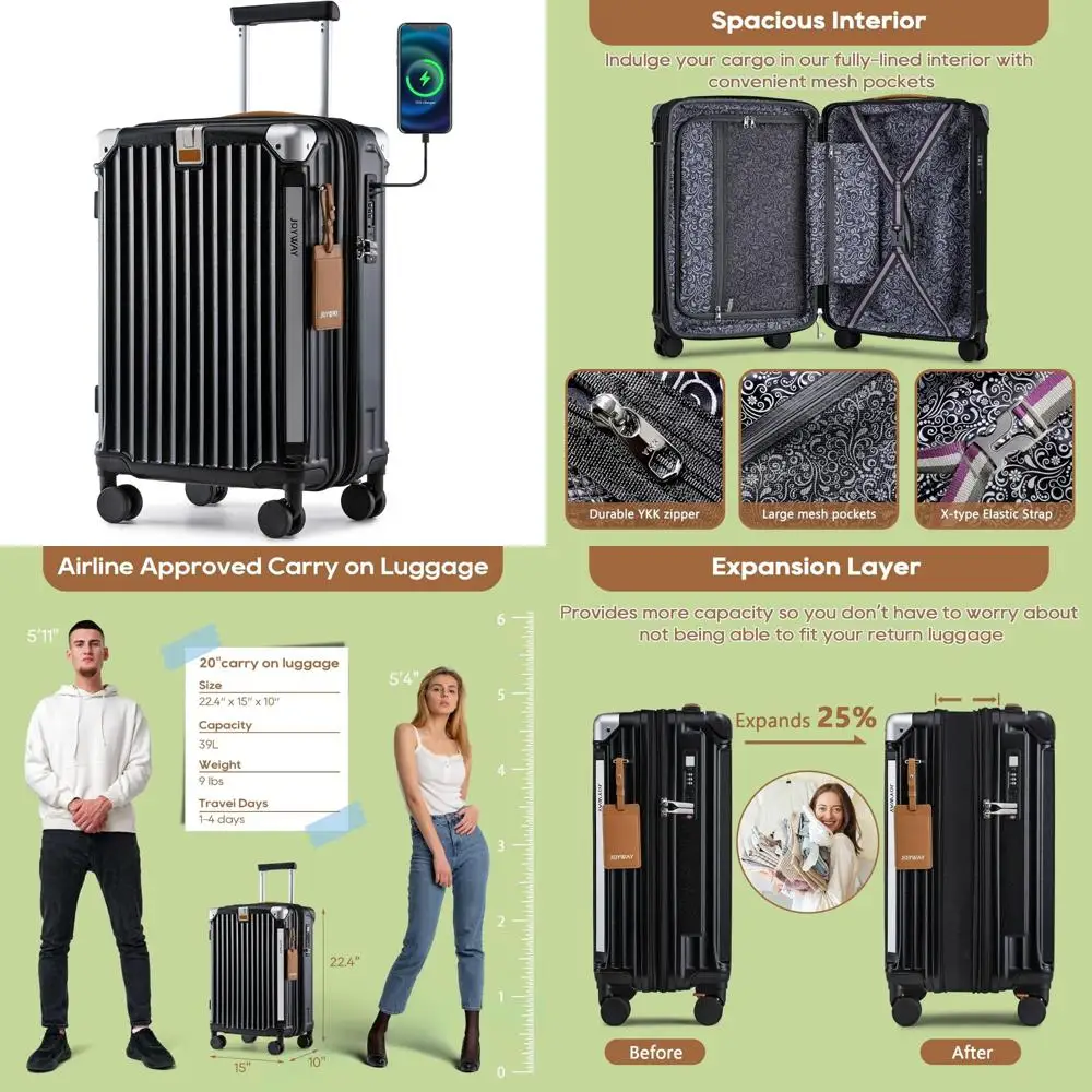 Expandable Hardside Spinner Suitcase with Smart Cup Holder, USB Port, and TSA Lock - 20 Inch Luggage for Travel