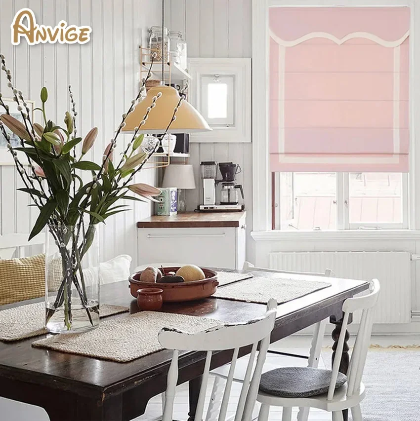 

Cartoon Pink Color With White Border Trims Custom Made Window Blackout Roman Shades Linen Motorized Blinds Electric