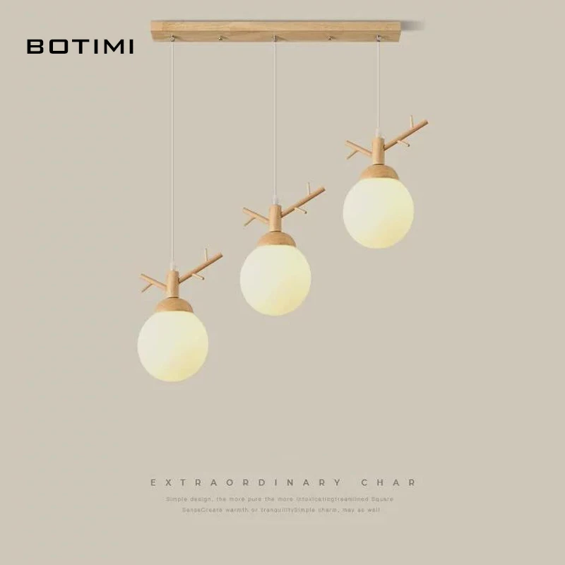 

BOTIMI Triple Wood Pendant Lights With Glass Lampshades For Dining Wooden Bedside Single Kitchen Luminaire Island Hanging Lamp