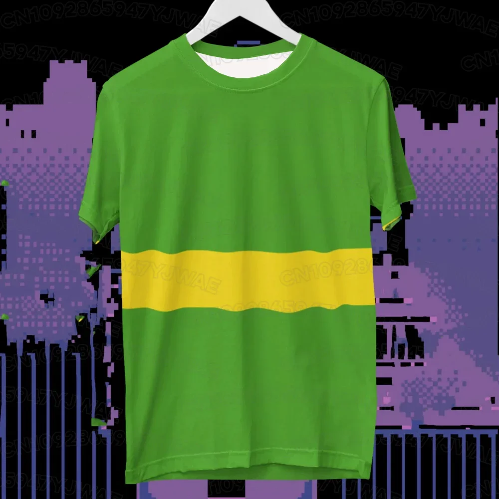 Men's Women's Deltarune Kris Cosplay Long Sleeve Fashion Green Yellow Striped Pullover T-shirt Tops