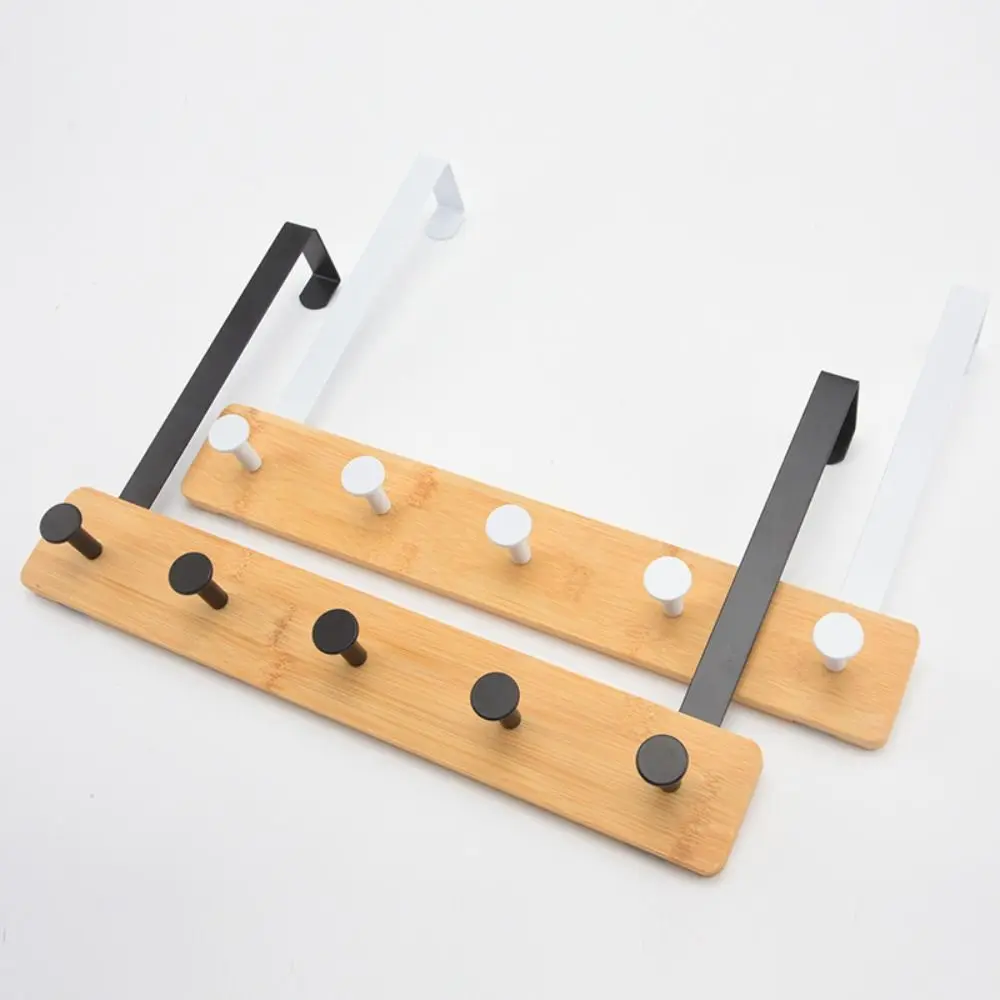 6 Hooks Over The Door Hooks Natural Bamboo Stable Structure Clothes Rack Smooth Surface Matte Metal Brackets