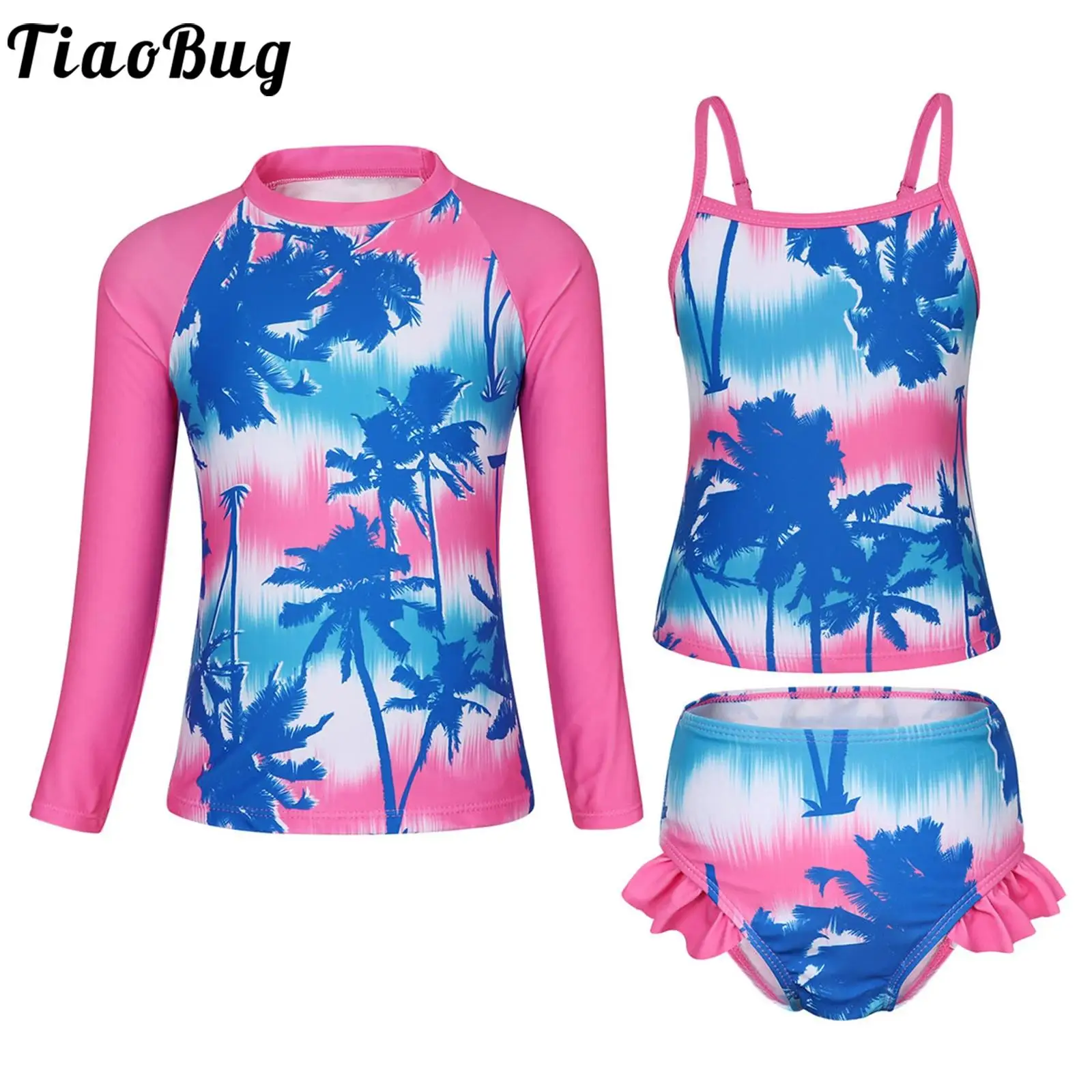 Kids Girls Foral Print Swimsuit Long Sleeve Swimming Top with Cami Vest Briefs Swimwear Summer Pool Beach Surfing Bathing Suit