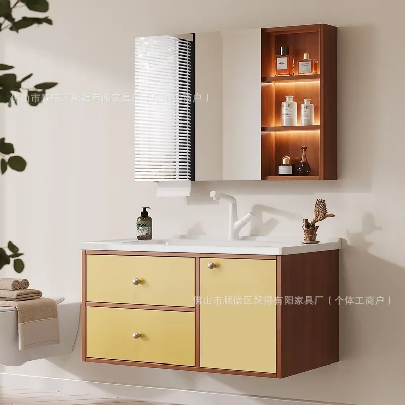 for Antique Double Bathroom Cabinet Oak Solid Wood Combination Ceramic Integrated Wash Sink Dopamine Contrasting Color