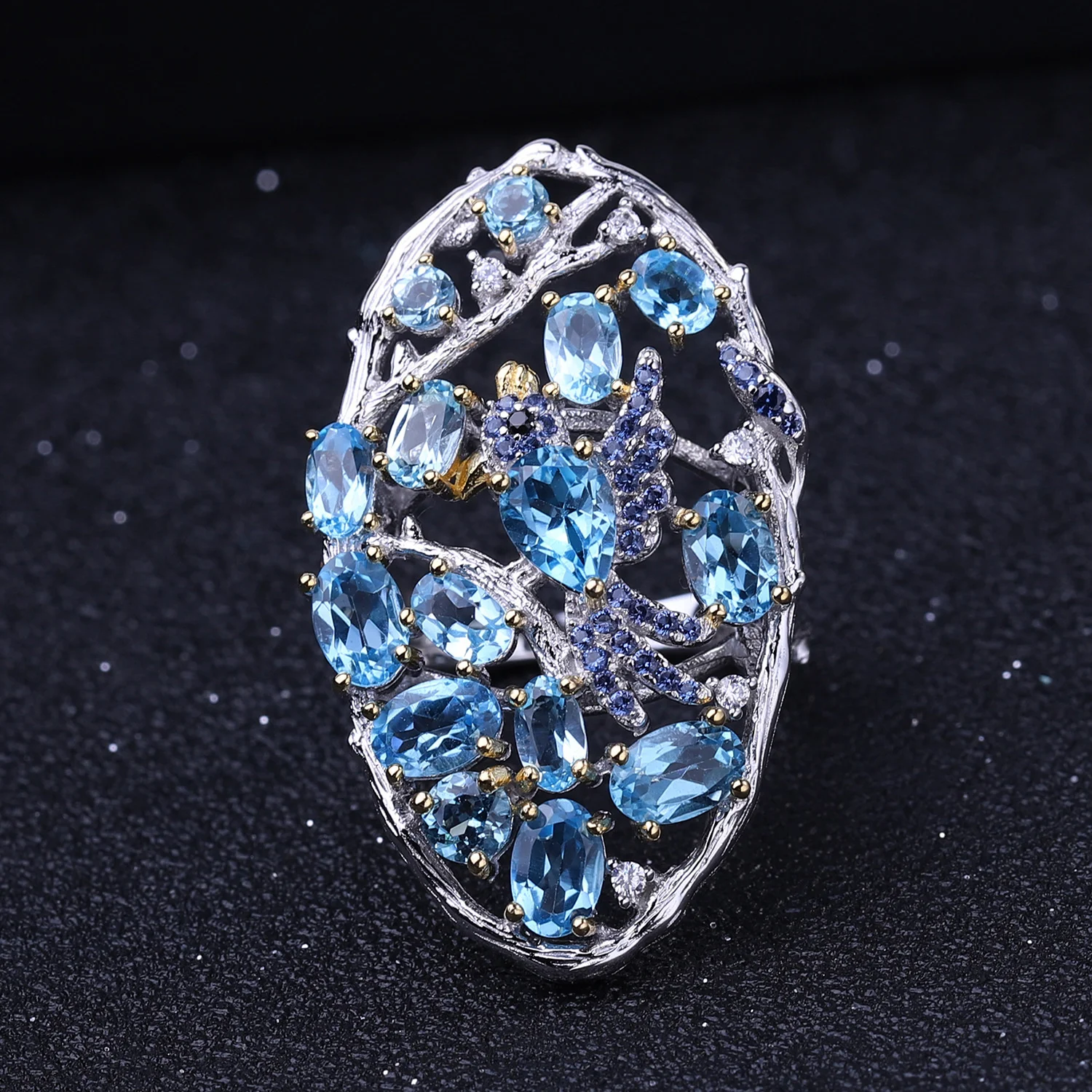 

brand genuine Luxury real jewels Secret Garden Designer With Birds In The Cluster s925 Sterling Silver Natural Topaz Ring high q