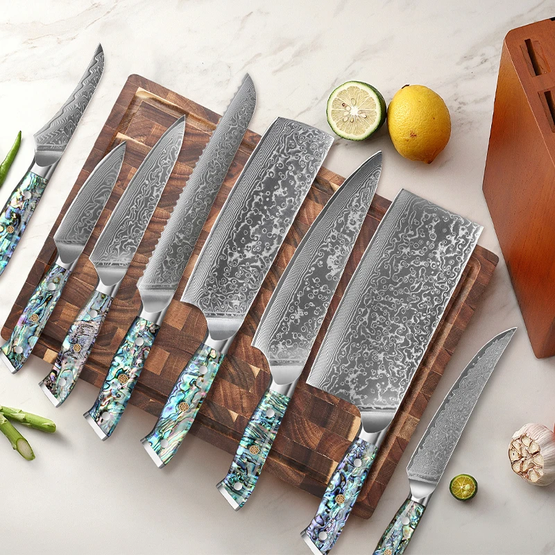 1-8PCS Kitchen Chef Knife Set Japanese Damascus Steel 67 Layers Chef Knife Kitchen Sharp Vegetable knife Abalone shell Handle