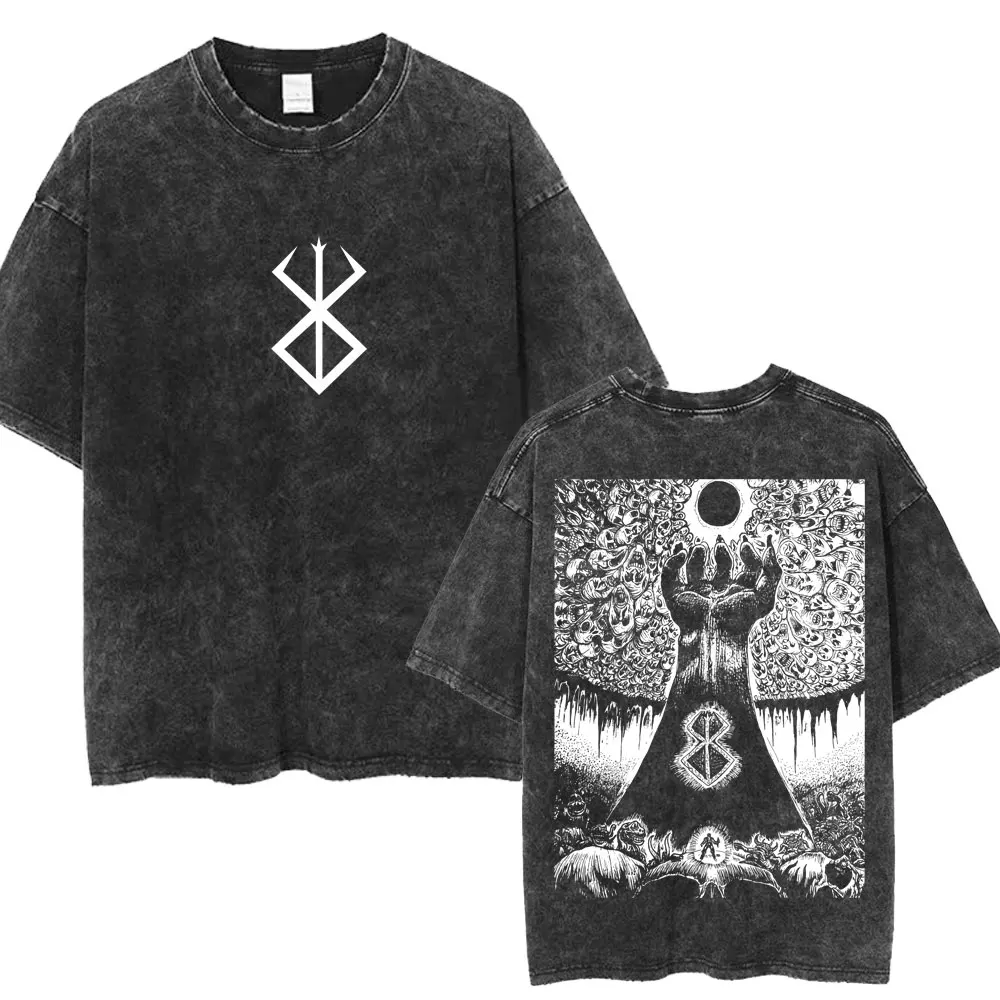 Anime Guts Berserk Guts Washed T Shirts Swordsman Gatsu Fashion Vintage T Shirt Oversized Cotton Heavyweight T-shirt Streetwear