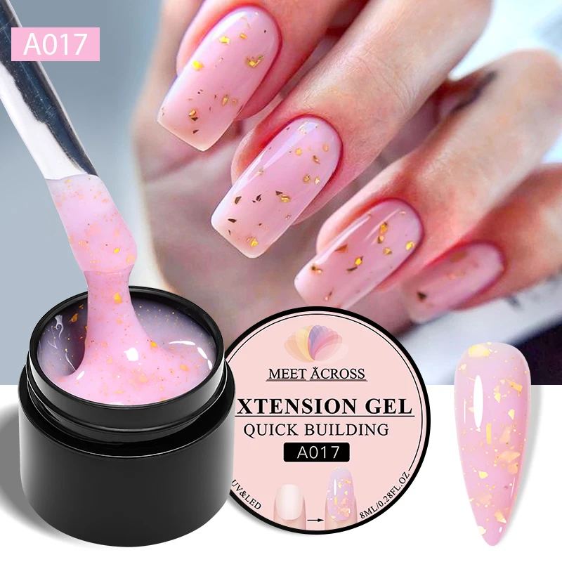 MEET ACROSS 8ml Gold Foils Quick Extension Gel Nail Polish Pink Glitter Semi Permanent Nail Art UV LED Nails Hard Gel Manicure
