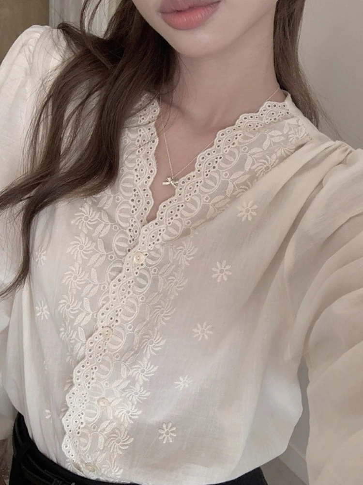 قميص نسائي أنيق بأكمام جرس مطرزة وياقة على شكل V، تصميم فضفاض بأسلوب كوري عصري للربيع #4