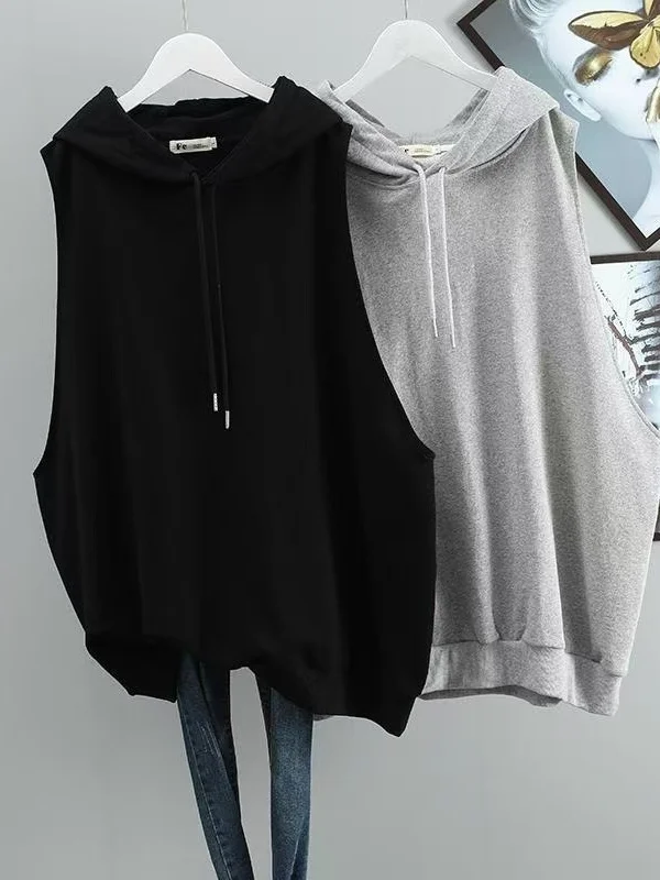 

plus Size Women's Color Hooded Vest Loose Versatile Sleeveless Tank Top Outerwear Shoulder Pad Jacket Casual High Waist
