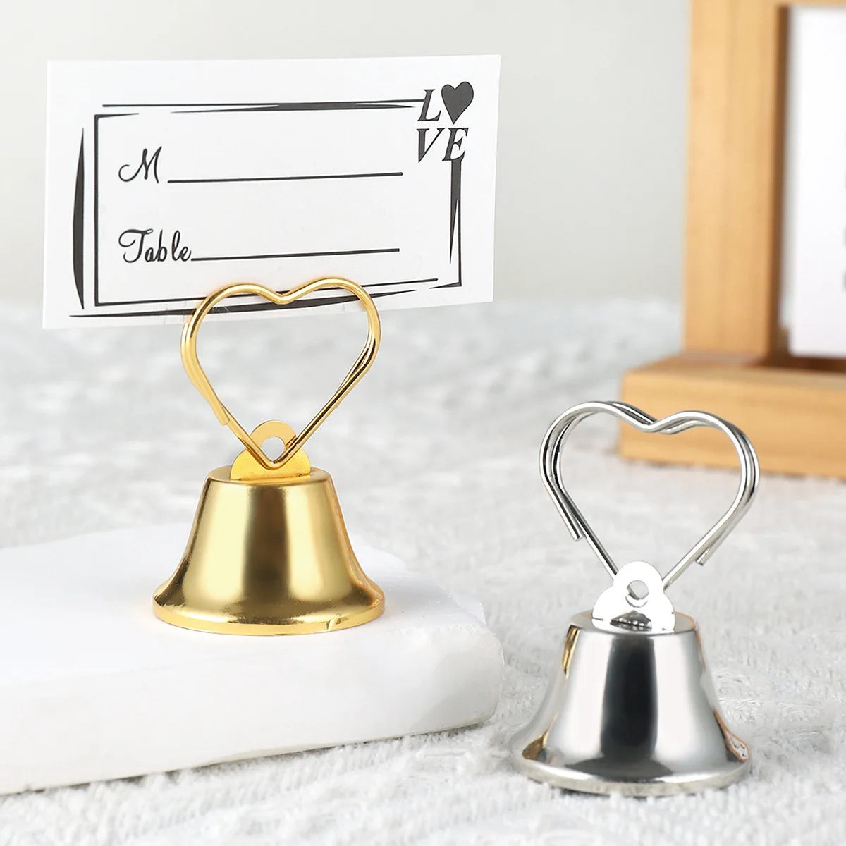 

Free Shipping 20pcs/lot Kissing Bell Place Card Holders in silver and golden color Party favors