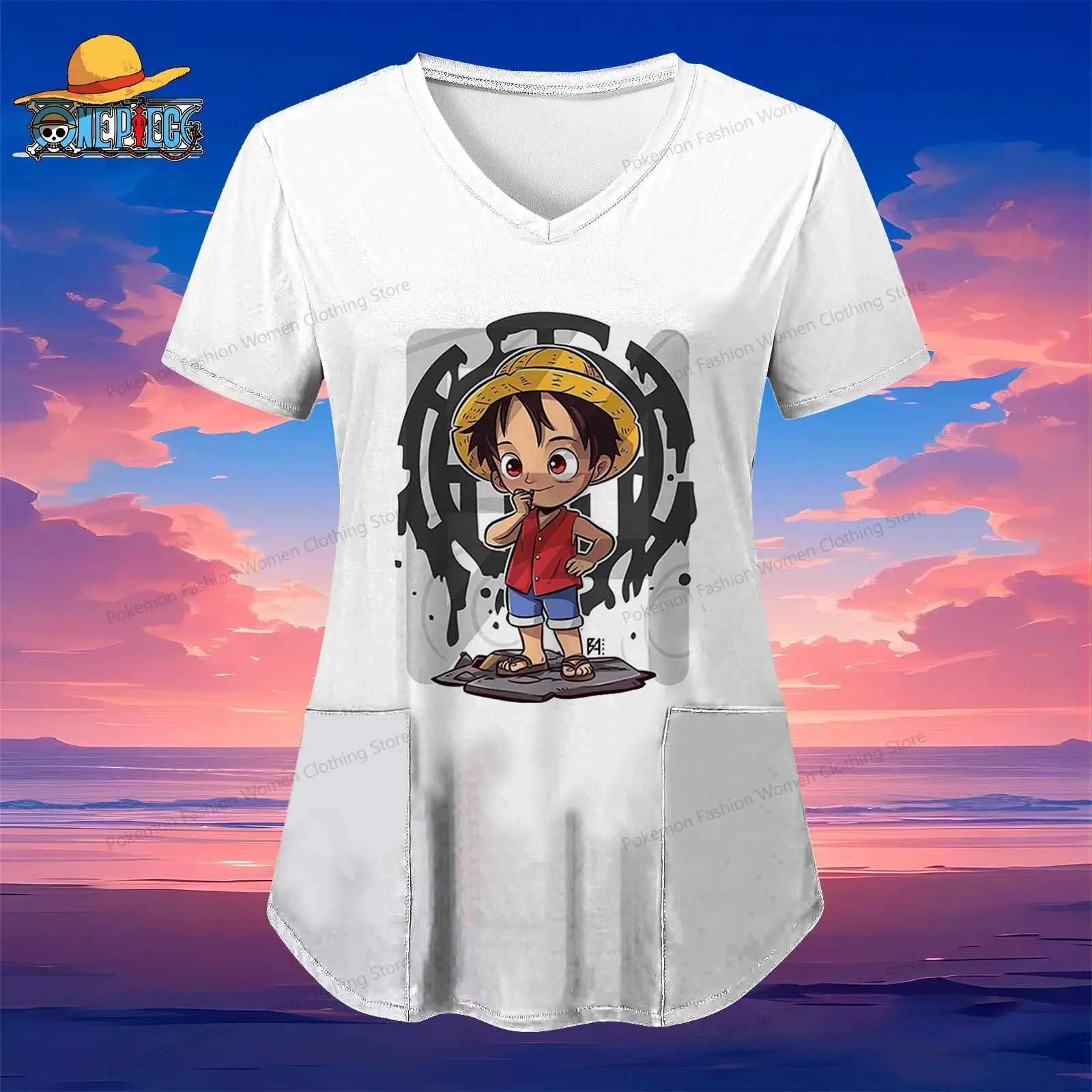 Pocket Luffy One Piece Women's V Neck Nurse Uniform T-Shirt Woman Clothing Street Wear Summer Short Sleeve Y2k Anime 2024 S-2XL