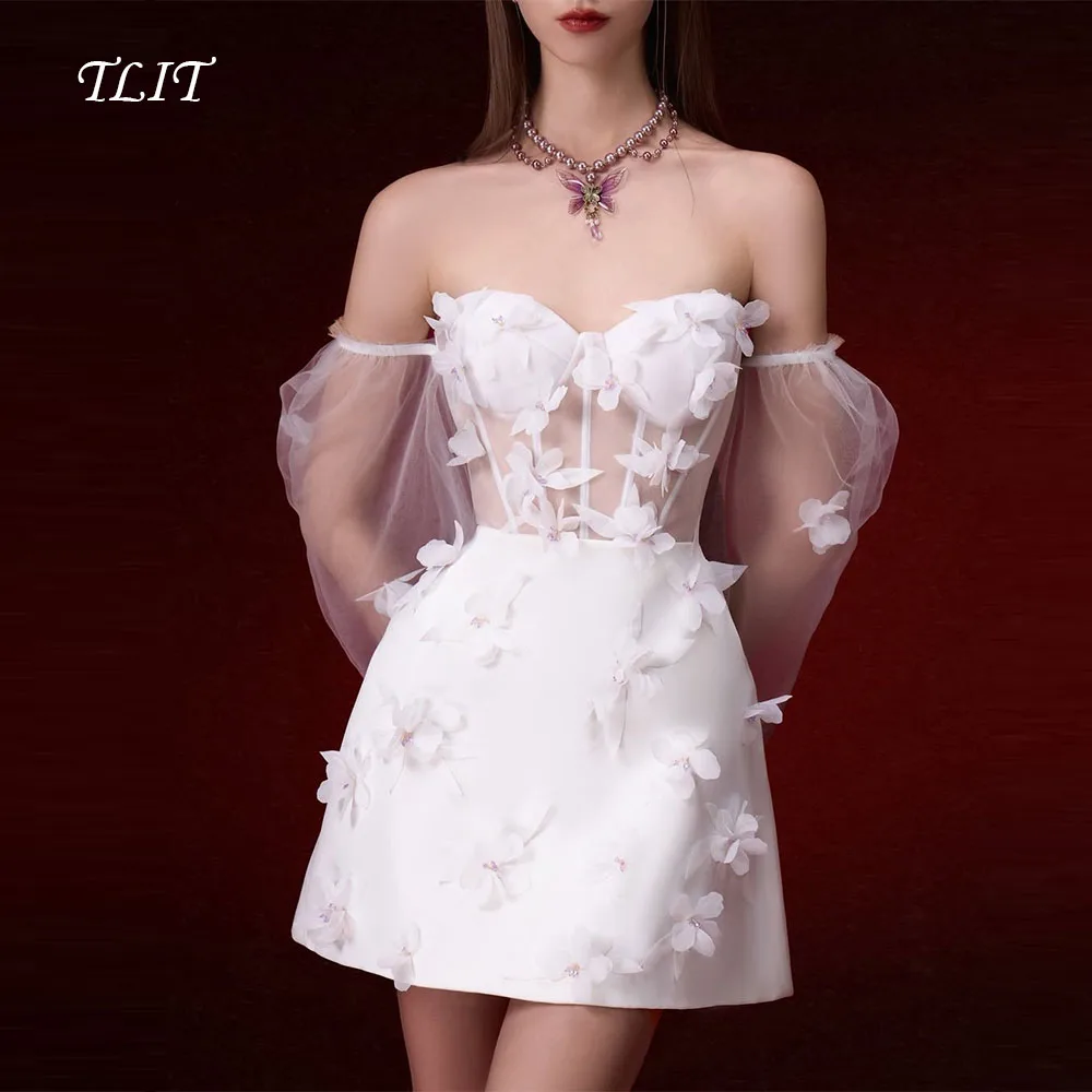 Eleganckie białe suknie ślubne z krótkim dołem, aplikacjami kwiatowymi, dekoltem w serce, odpinanymi tiulowymi rękawami, suknia ślubna Robe De Mariée szyta na miarę.