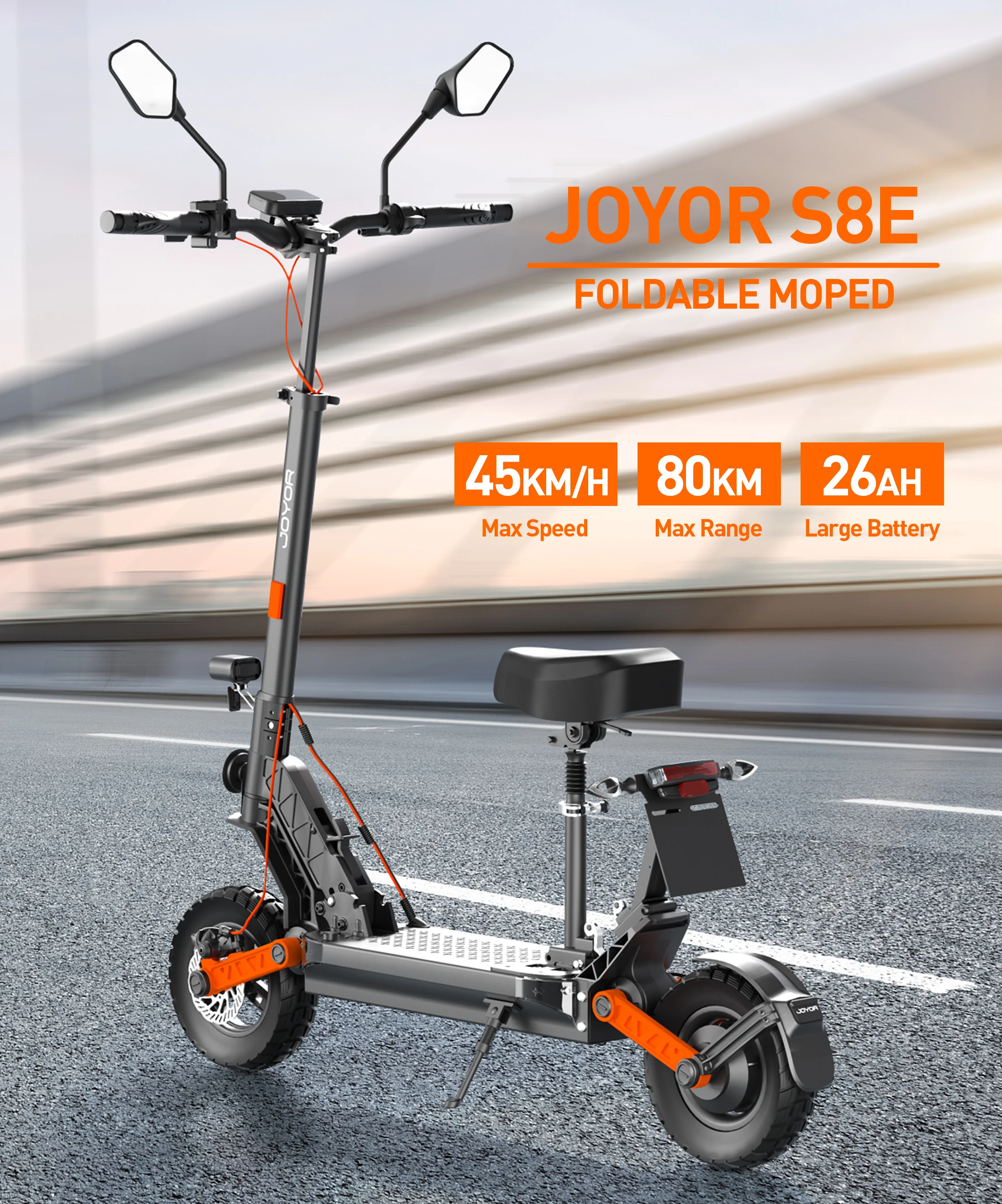 Patinete Eléctrico Plegable JOYOR S8E para Adultos de 10 Pulgadas, Batería de Iones de Litio de Gran Capacidad de 48V 26Ah, Patinete Eléctrico Portátil de Largo Alcance (80KM) para Viajes Urbanos Diarios y Trayectos Cortos en la Ciudad.