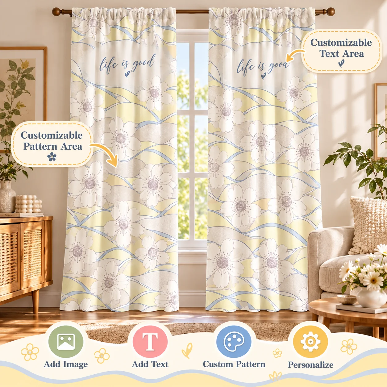 Custom Window Curtains Personalized Photo Logo Rod Pocket 2 Panels Peach Skin Fabric Window Drapes for Bedroom Living Room Decor