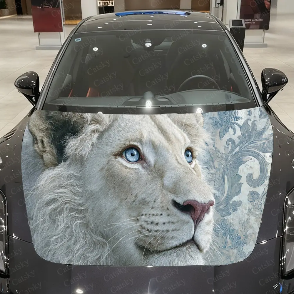 White Lion with Cyan Scroll Grass Car Vinyl Wrap, PVC Waterproof Car Hood Sticker, Self-Adhesive Scratch-Resistant Stickers