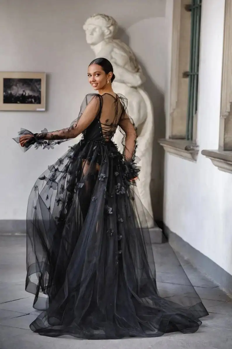 Boho Weelderige Applique Vrouwen Jurken Zien Door 3D Bloemen Feest Verjaardag Jurk Voor Fotografie Volledige Mouwen Prom Jassen Sexy