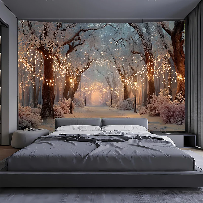 2D Flat, 1pc Winter Wonderland Snow Scene Light-Up Backdrop - Enchanting Forest Pathway with Snowy Trees & Twinkling Lights