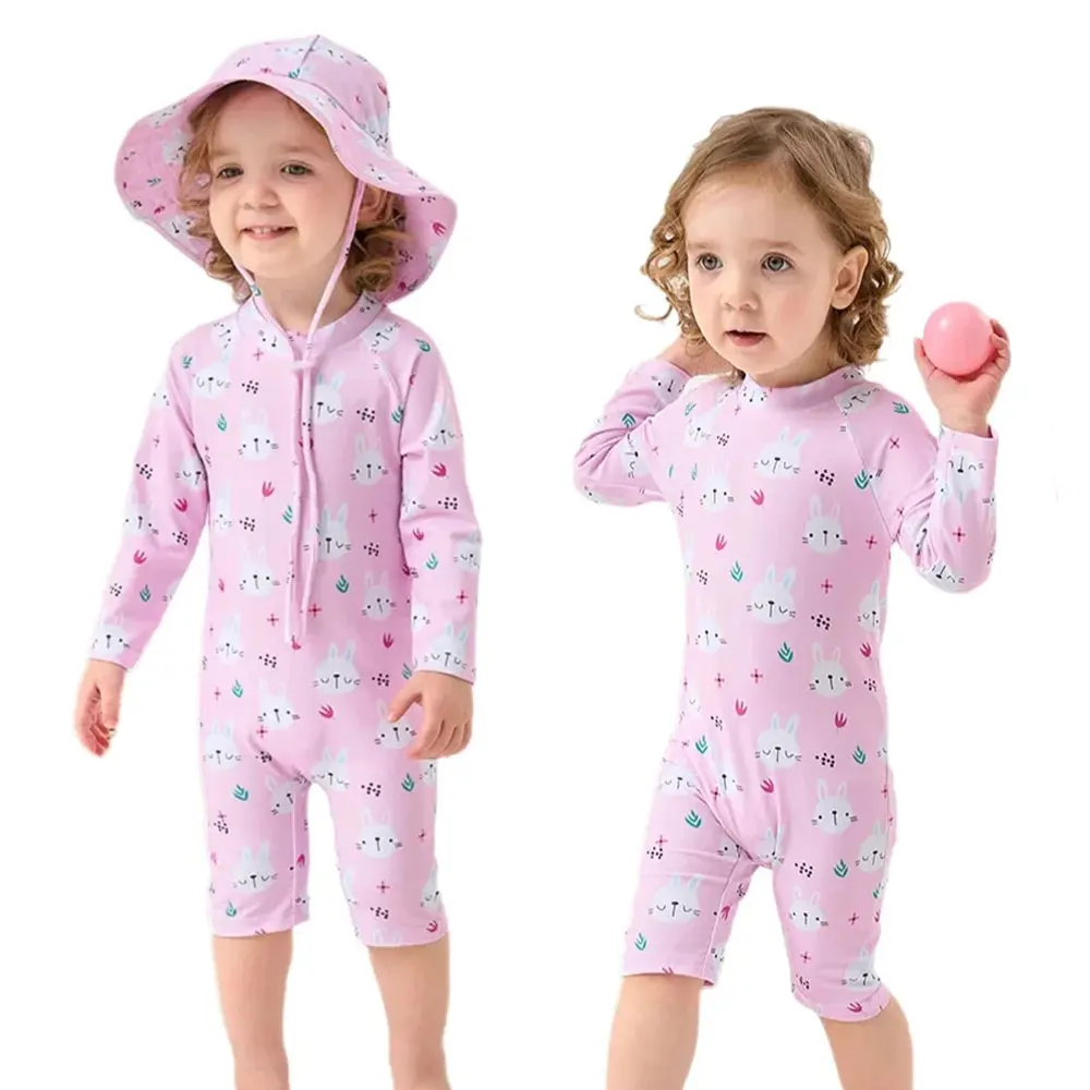 

Pink Bunny Swimsuit Baby Kids Girls One-Piece Long Sleeve Rashguard With Sunhat Sun Protection Swimwear Quick Dry 1-2T 2-3T 3-7T