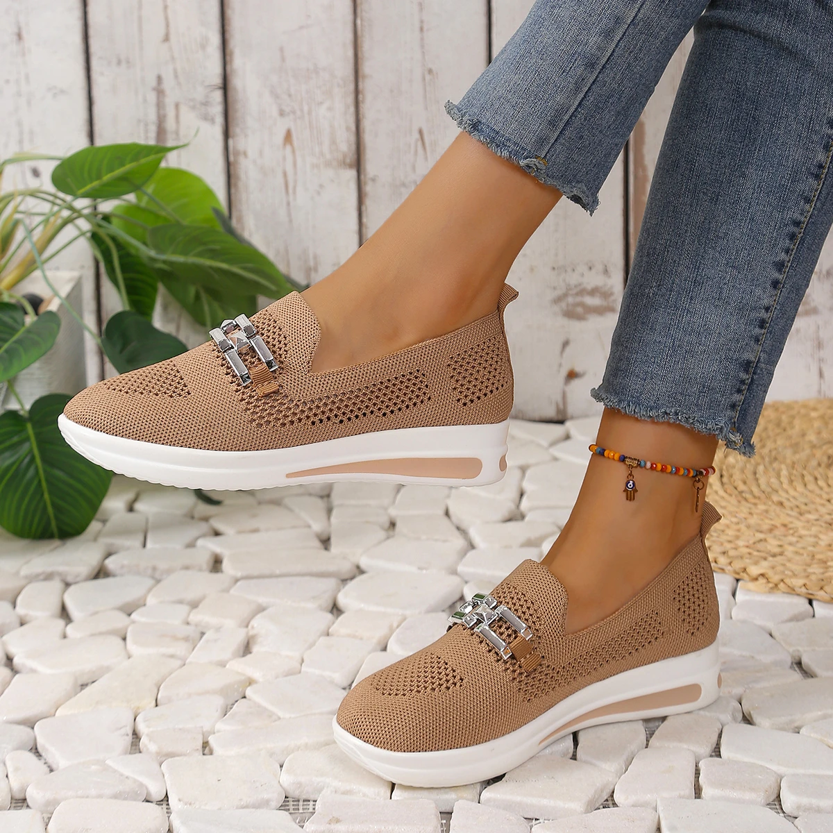 

Новый стиль, удобные дышащие женские туфли на толстой подошве, весенне-осенняя повседневная обувь на плоской подошве с круглой головкой и сеткой