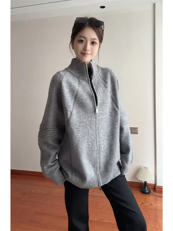 

ay Zipper Cardigan Sweater Men's Winter Thiened American Sle Stand Collar Warm Knitted Loose Outerwear Lazy Sle