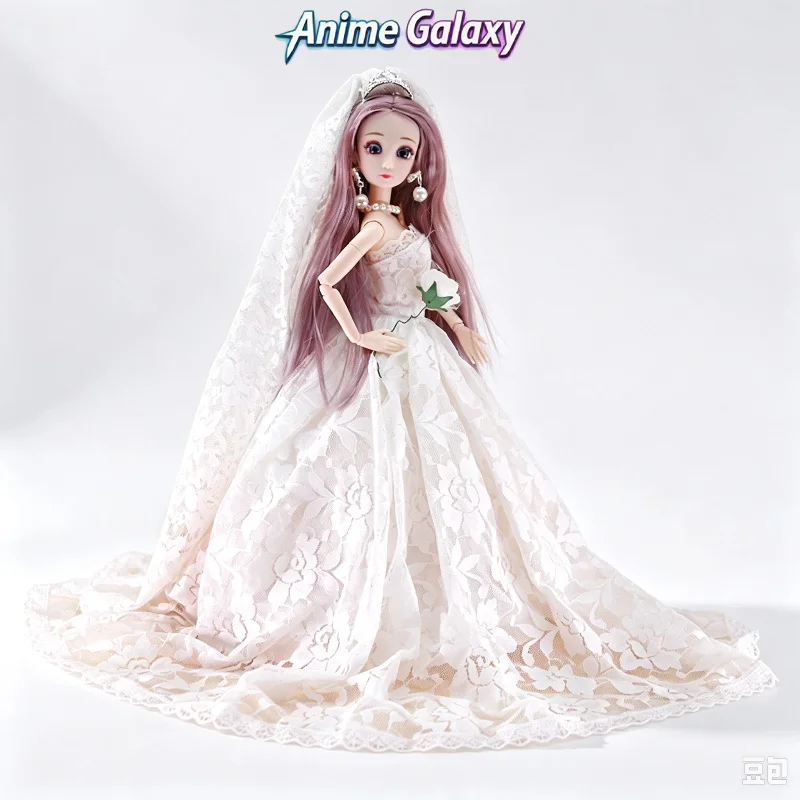 30cm 1/6 Scale Doll Wedding Gown Outfit Lace Floor‑Length Dress With Long Veil Dress‑Up Costume Pretend Play Accessory For G