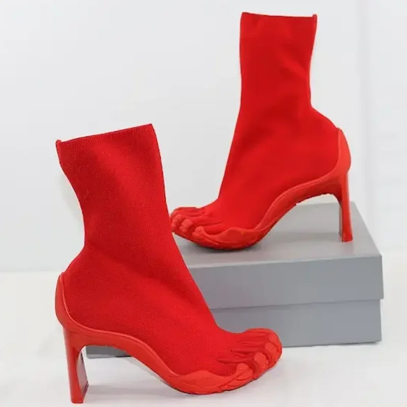 

Five Finger Toe Fashion Novel Women Boots Black/pink/white High Heel Ankle Boots 2025 New Elastic Mesh Cloth Luxury Socks Boots
