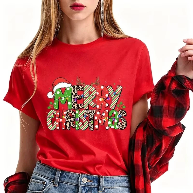 Merry Christmas Leopard Santa Hat Antler Holly Art Print Graphic Womens T Shirt Short Sleeve Crew Neck Casual Y2k Ladies Tee Top