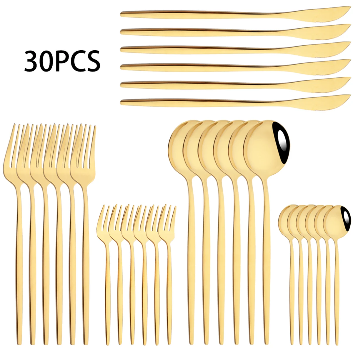 30Pcs Gold Cutlery Set Knife Cake Fork Coffee Spoon Dinnerware Set Stainless Steel Flatware Mirror Tableware Western Silverware