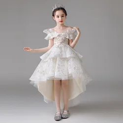 Children Elegant Princess Gown Off Shoulder High Low Tutu Evening Cocktail Party Dress Embroidery Banquet Formal Dresses Ruffle