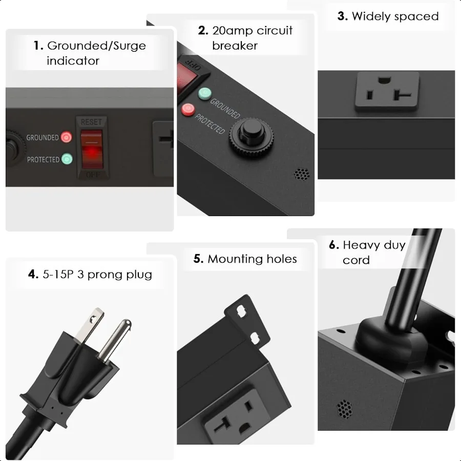 Regleta de corriente larga de Metal con 16 salidas, reglas de alta resistencia, protección contra sobretensiones 4800J con disyuntor, enchufe espaciado amplio de 20a Wal