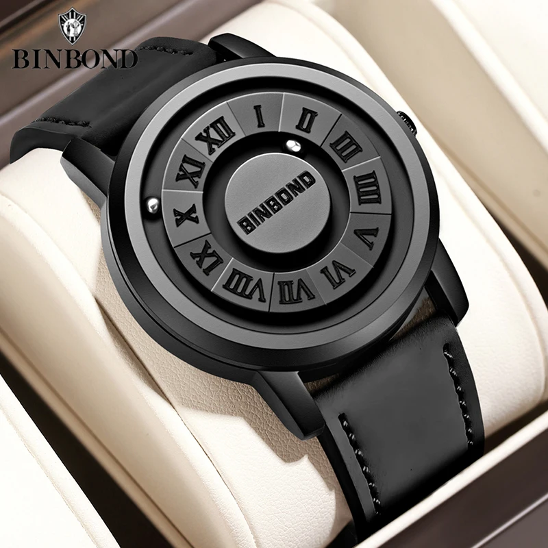 BINBOND Top Luxury Men's Quartz Watch Magnetic Levitation Hollow Out Rome Leather Strap Waterproof Man Watches Relogio Masculino