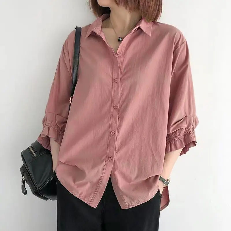 Einfarbiges Rüschenkanten-Laternenärmel-Oberteil mit Sieben-Viertel-Ärmeln Einreihiges Hemd Frühling Sommer Neue Koreanische Version Damen Locker Sitzende Übergrößen-Bluse – Detail 17