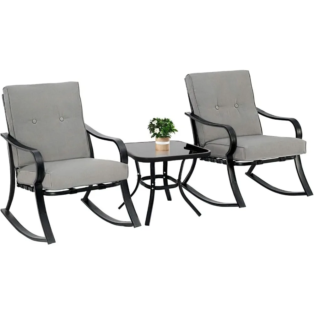 

Oakmont Outdoor Furniture 3 Piece Conversation Bistro Set Rocking Chairs and Glass Top Table, Thick Cushions, Black Steel (Grey)