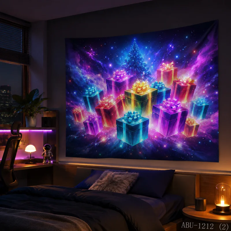 VIKAMA Colorful Nebula Starry Sky Christmas Tree Multi-Color Gift Box Tapestry, HD Background, Vibrant Holiday Wall Decor