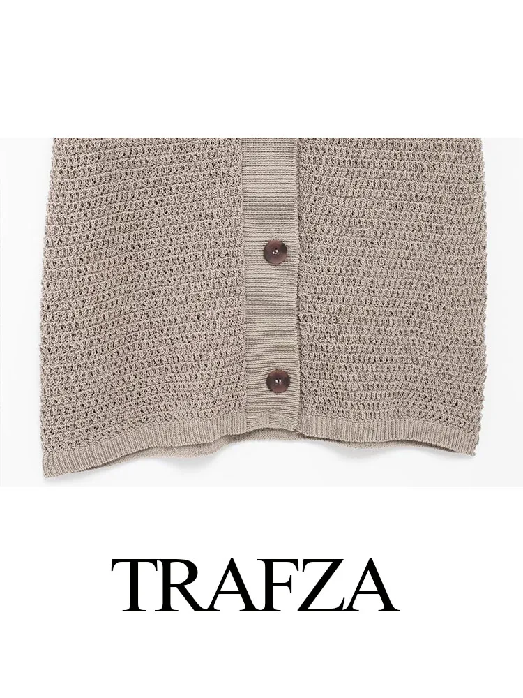 TRAFZA Women Fashion Solid SET Knitted Lapel Single-Breasted Short Sleeves Cardigan Top + Elastic Waist Woman Wide Leg Long Pant