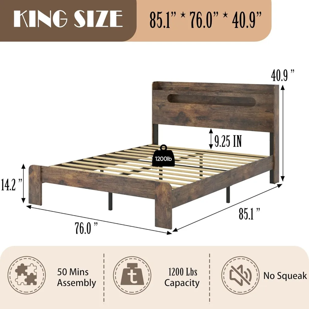 Деревянный каркас кровати размера «king-size» с изголовьем для хранения вещей, каркас кровати на платформе для фермерского дома с зарядной станцией и светодиодной подсветкой (коричневый)