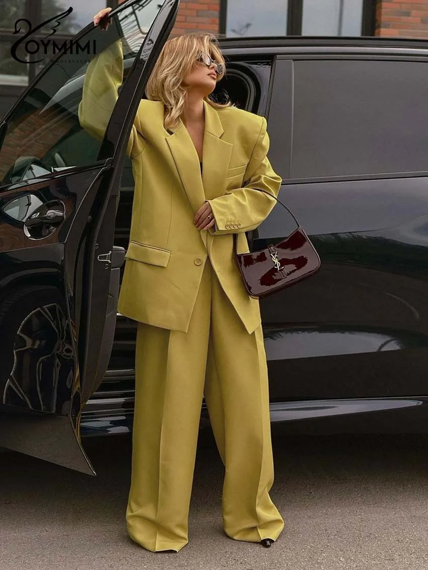 Oymimi Elegant Yellow Sets Womens 2 Piece Fashion Long Sleeve Pockets Single Button Blazers And Simple Straight Trousers Sets