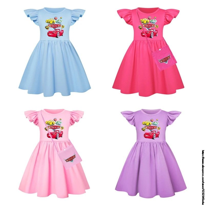 Vestidos de dibujos animados de coches para niñas, ropa para niños, disfraz de Cosplay, manga de mosca para niños, vestido informal con bolsa pequeña, regalo de cumpleaños