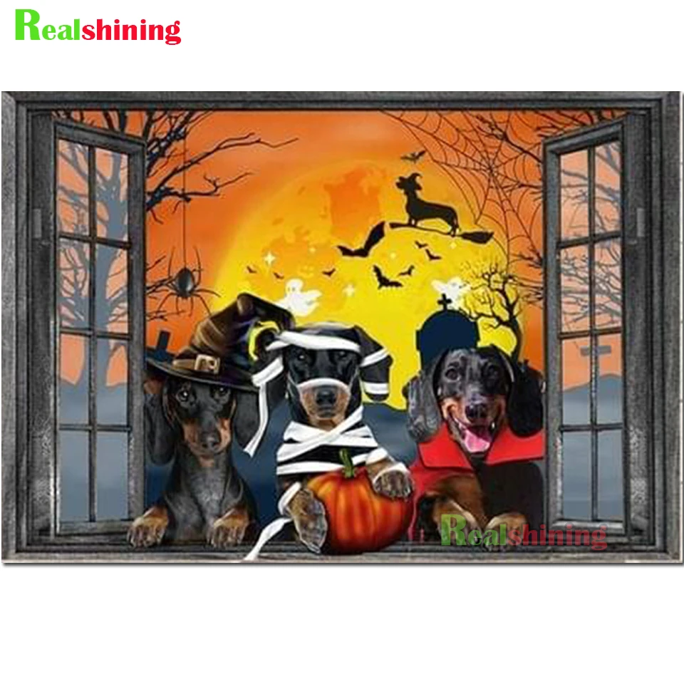 5D DIY Diamond Painting Halloween Sloth,Chihuahua,Dachshund Dogs,Window Scenery Resin Diamond Embroidery Mosaic Full Drill F9