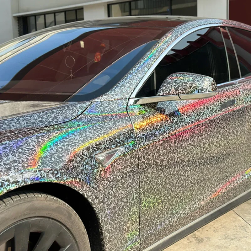 PET Gloss Iridescent Holographic Rainbow Silver Forged Carbon Fiber Vinyl Wrap Film Air Release Self Adhesive Decal Car Wrapping