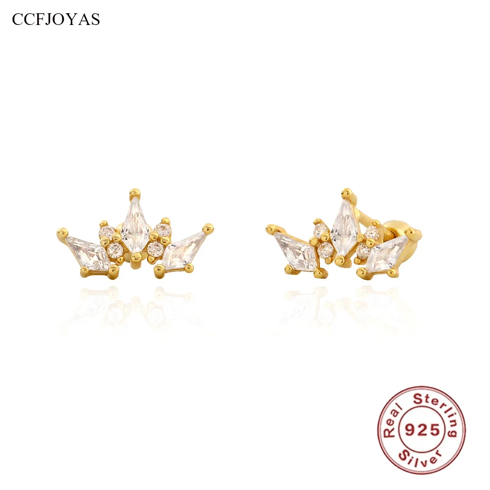 

CCFJOYAS Light Luxury Crown Zircon 925 Sterling Silver Screw Earrings for Women Girl Simple INS niche ear bone nail