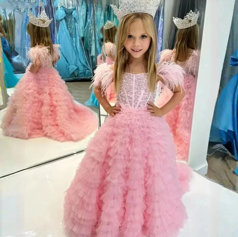 Vestido de lujo para niña, vestido de fiesta de princesa con cuentas de plumas para boda, cumpleaños, vestidos de fiesta de primera comunión 2024